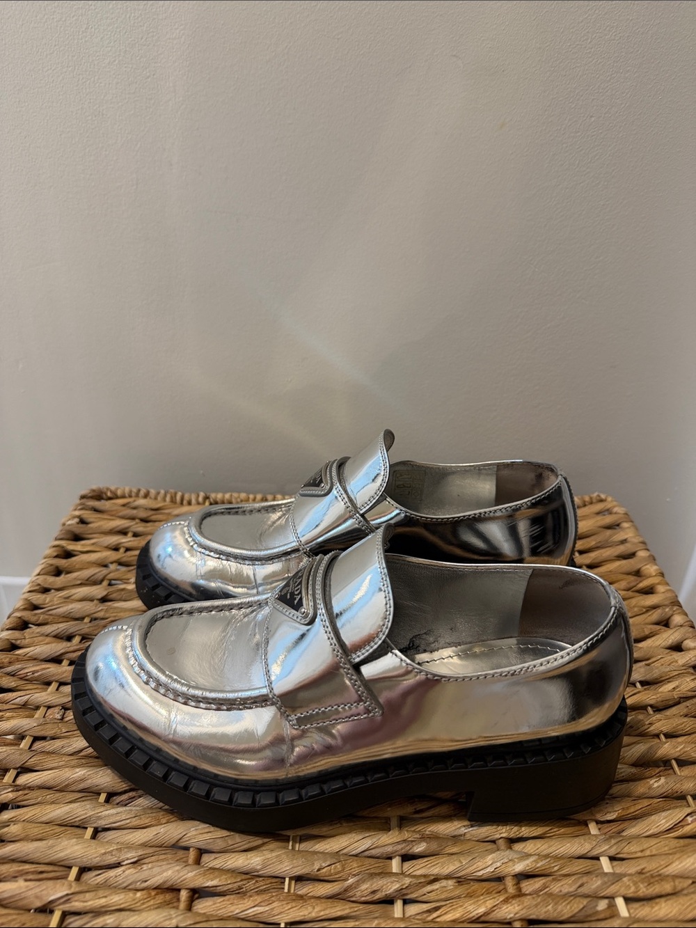 Prada Silver Metallic Platform Loafers